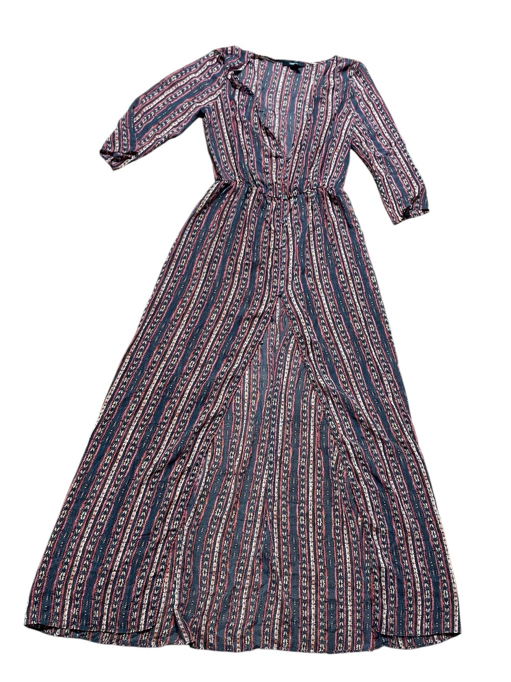 Forever 21 Bohemian Geometric Stripe Maxi Dress Sheer Front Split Duster M Boho